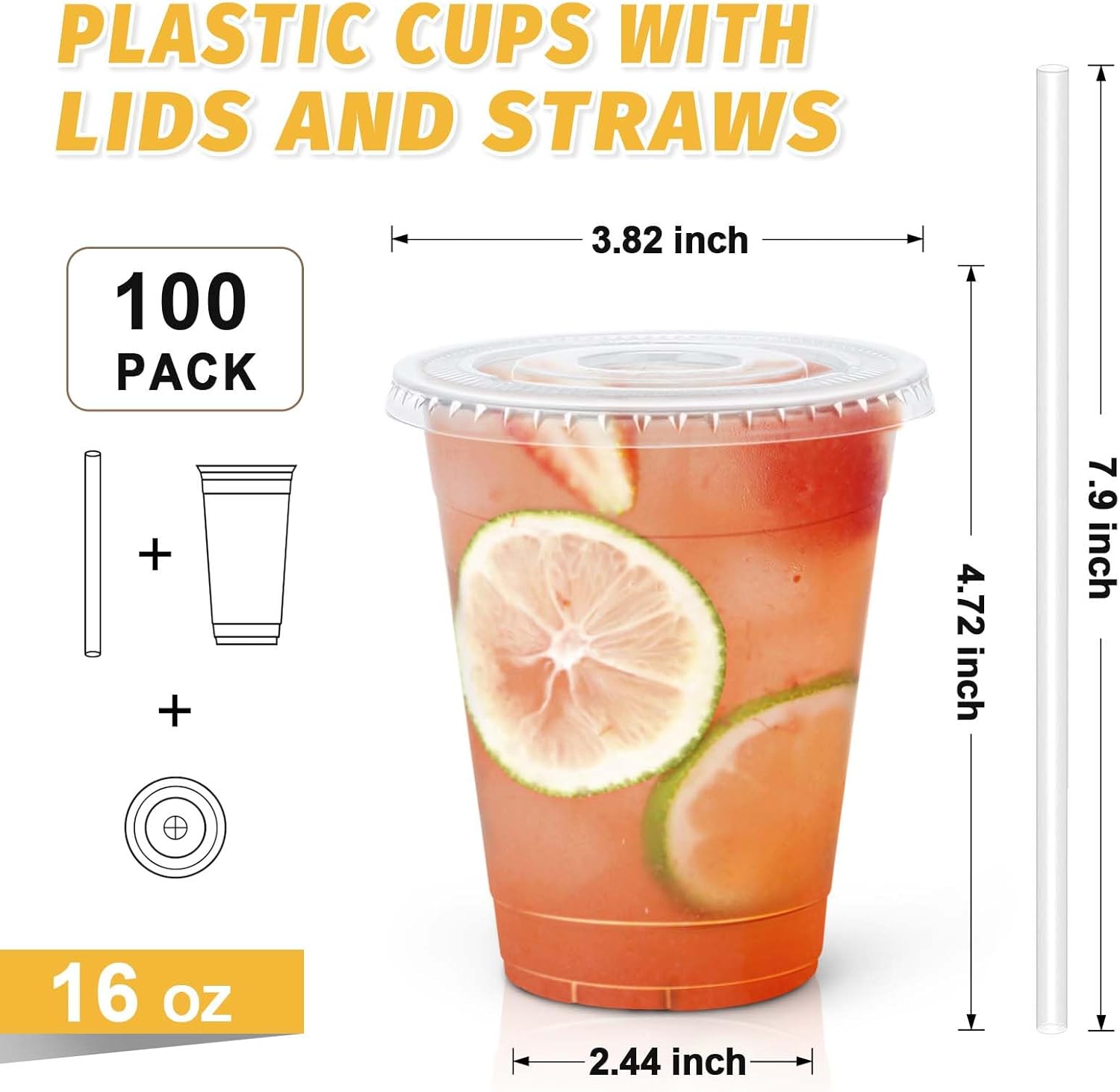 100 Pack 16 oz Plastic Cups with Lids and Straws