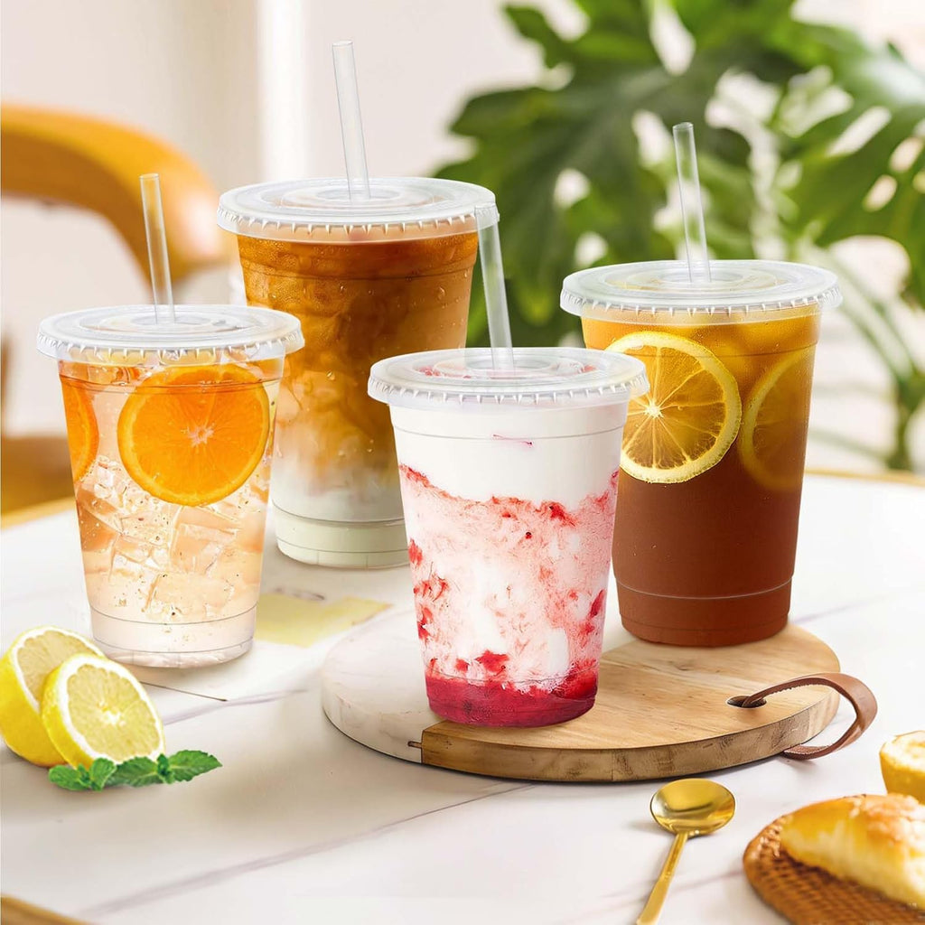 100 Pack 16 oz Plastic Cups with Lids and Straws