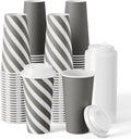 100 Pack 20 oz Disposable Coffee Cups with Lids, Stripes and Grey