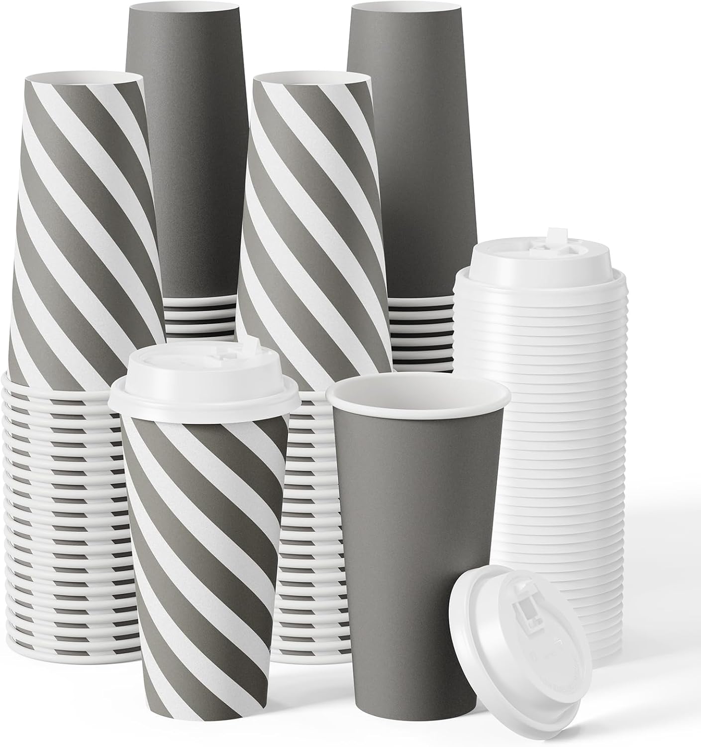 100 Pack 20 oz Disposable Coffee Cups with Lids, Stripes and Grey